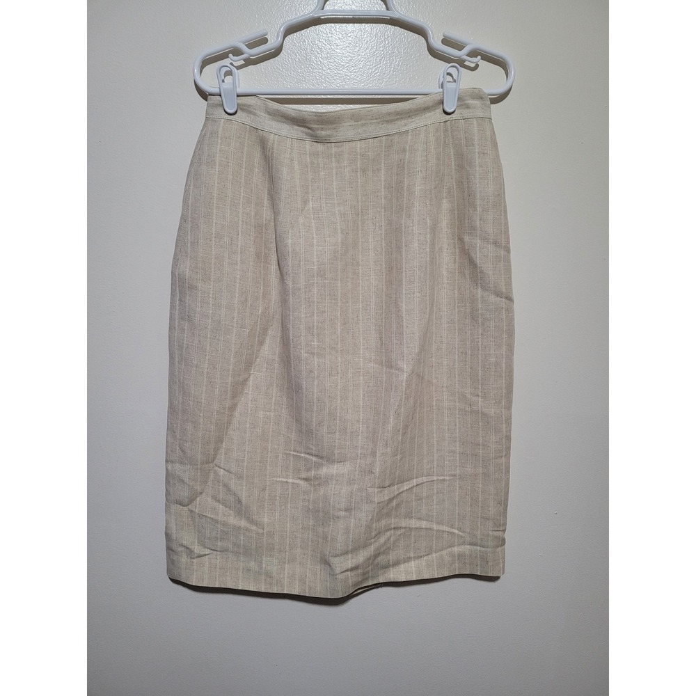Amanda Smith Pencil Skirt‎ Womens 12 Beige Linen Blend Pinstripe Business